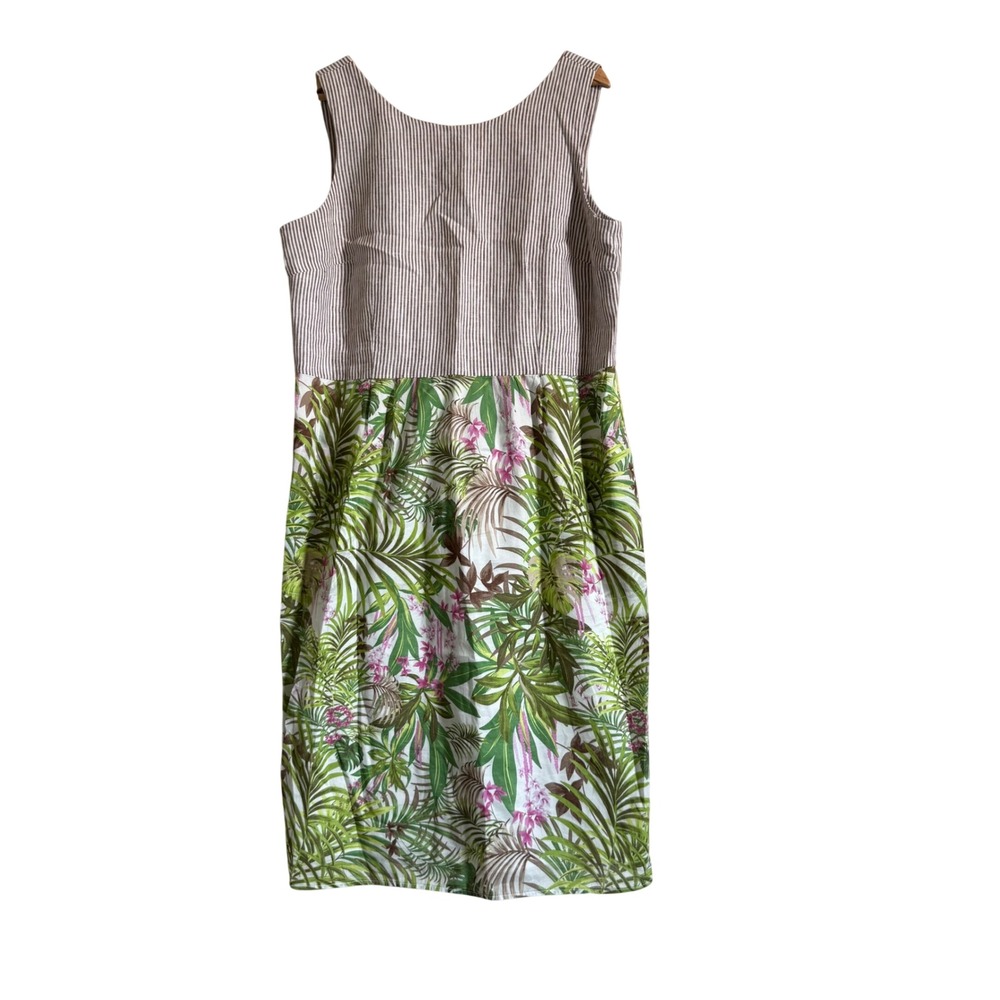 J. Jill Linen Cotton Tropical Floral Striped Midi Vacation Dress Tan Green M - Picture 5 of 11